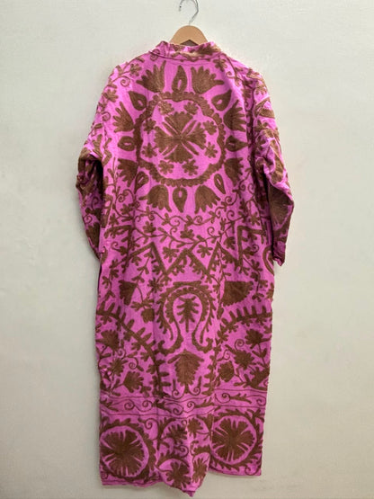 The Orchid Vine — Suzani Embroidered Cotton Jacket — Fuchsia Pink & Umber Brown