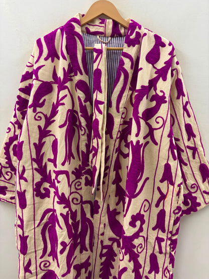The Bahar Suzani — Hand-Embroidered Velvet Kimono — Ivory & Magenta