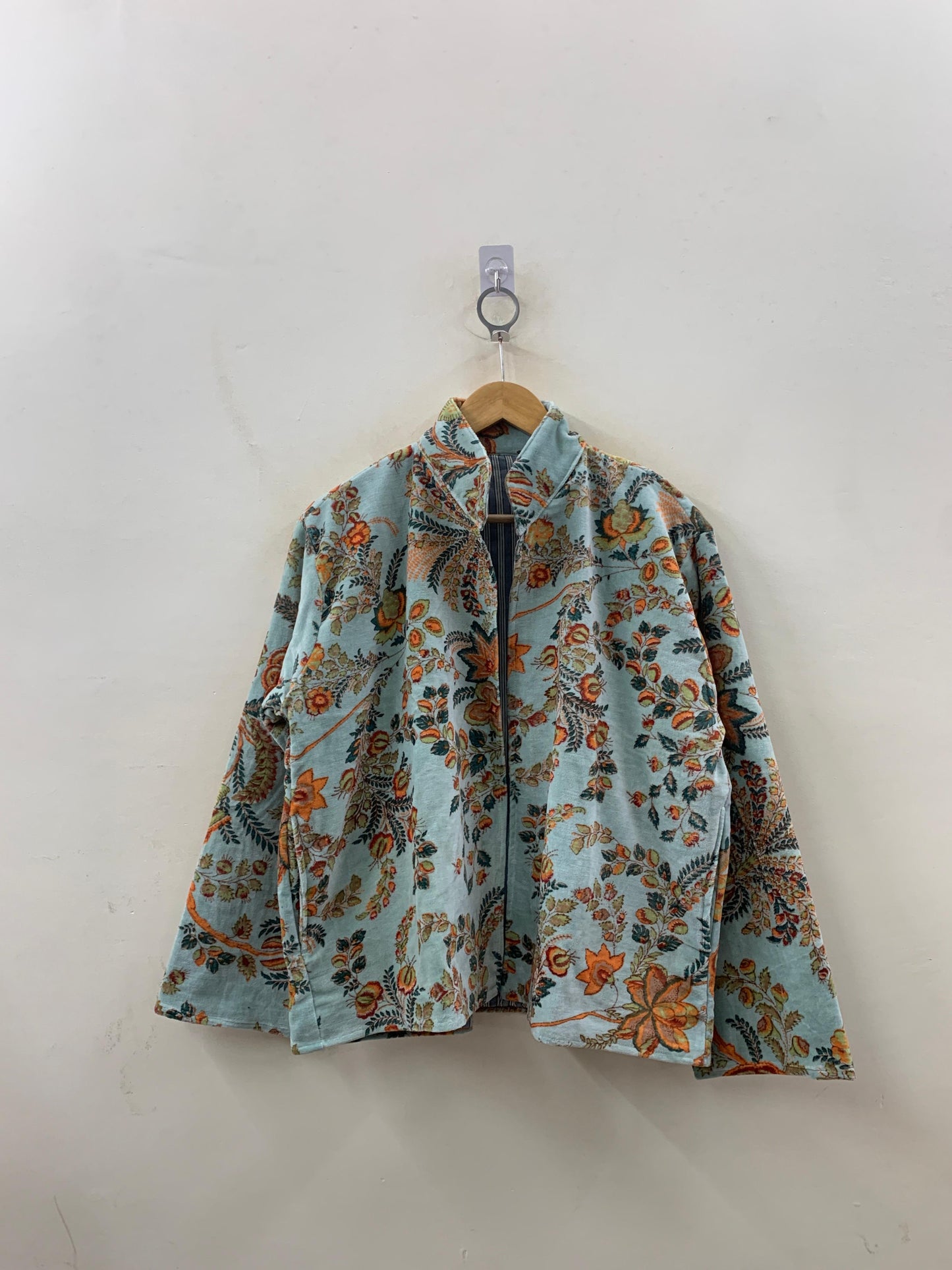 The Mughal Garden — Block-Printed Quilted Velvet Jacket — Dusty Aqua & Autumn Bloom - Default Title - Zoshak Jacket