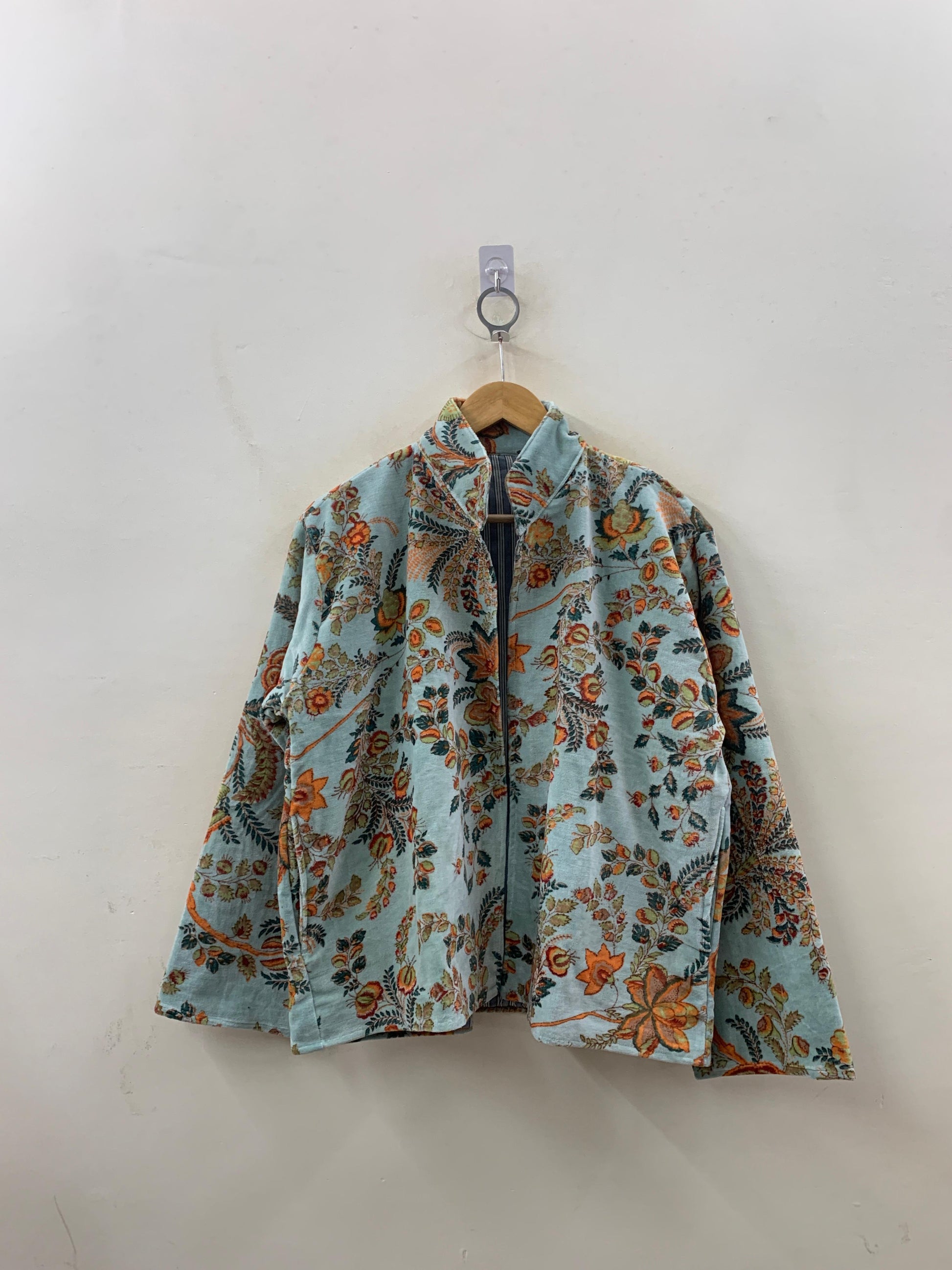 The Mughal Garden — Block-Printed Quilted Velvet Jacket — Dusty Aqua & Autumn Bloom - Default Title - Zoshak Jacket