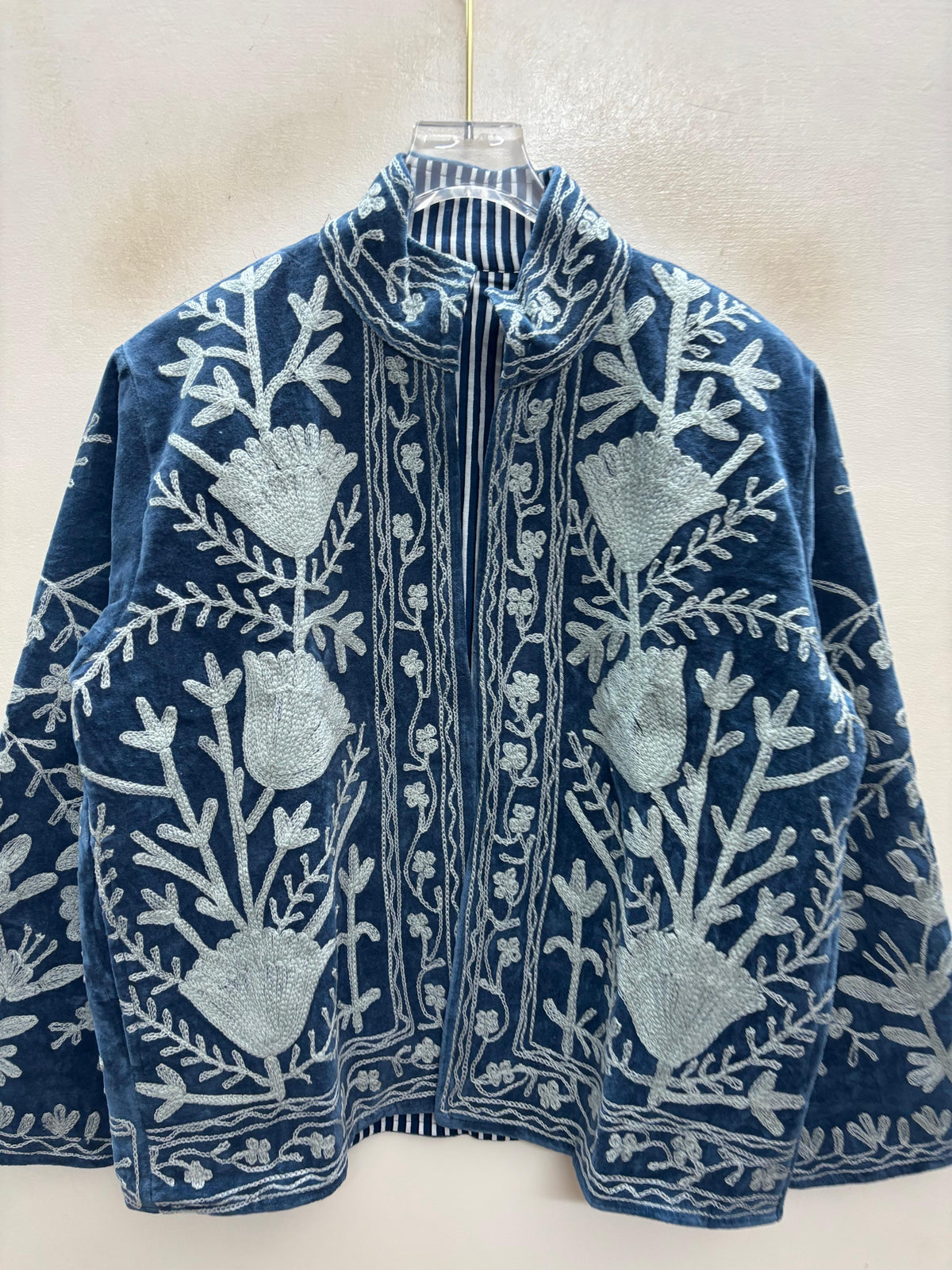 The Snowvine Thicket — Suzani Hand-Embroidered Velvet Jacket — Denim Blue with Ivory Floral Vinework