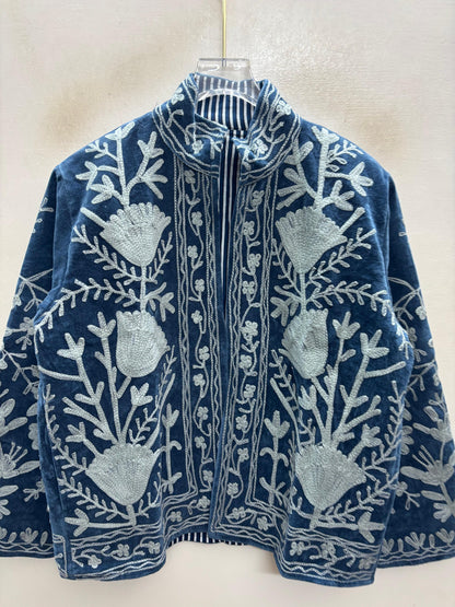 The Snowvine Thicket — Suzani Hand-Embroidered Velvet Jacket — Denim Blue with Ivory Floral Vinework