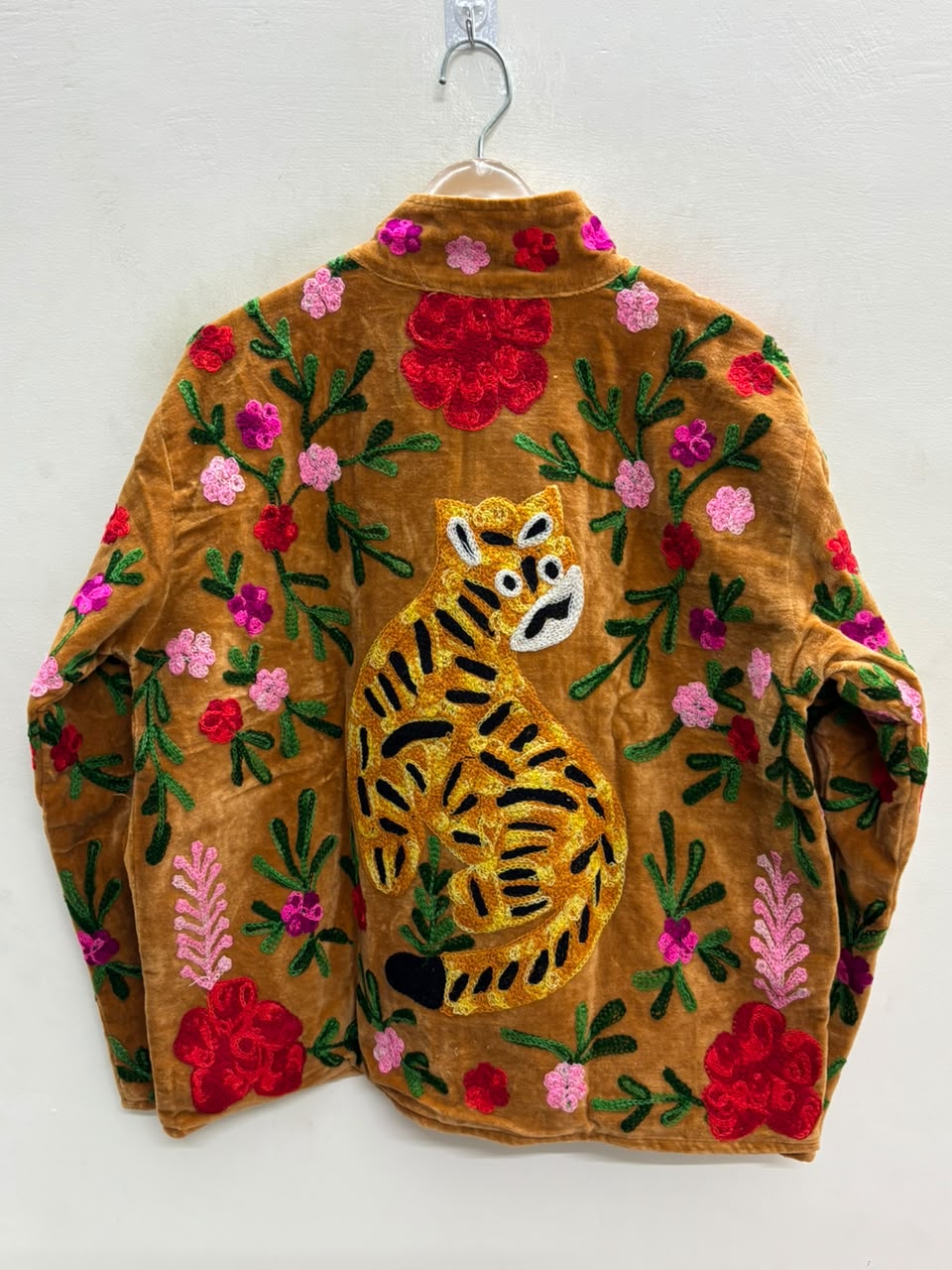The Bagh Suzani — Hand-Embroidered Velvet Jacket — Camel Gold with Crimson & Magenta Bloom