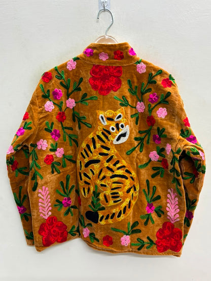 The Bagh Suzani — Hand-Embroidered Velvet Jacket — Camel Gold with Crimson & Magenta Bloom
