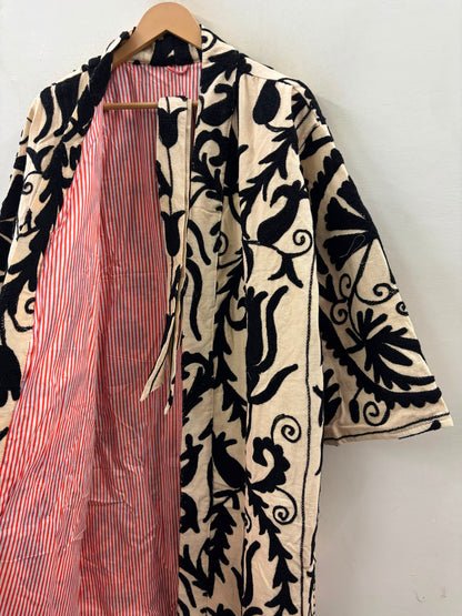 The Tulip Vine Kimono — Suzani Hand-Embroidered Cotton Jacket — Ivory & Ebony