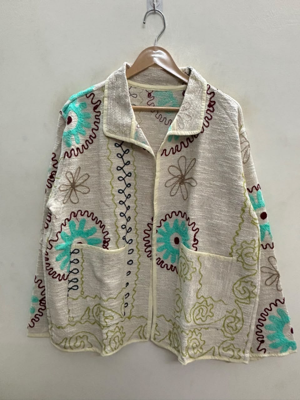 The Marigold Suzani — Hand-Embroidered Cotton Jacket — Ivory with Turquoise & Wine