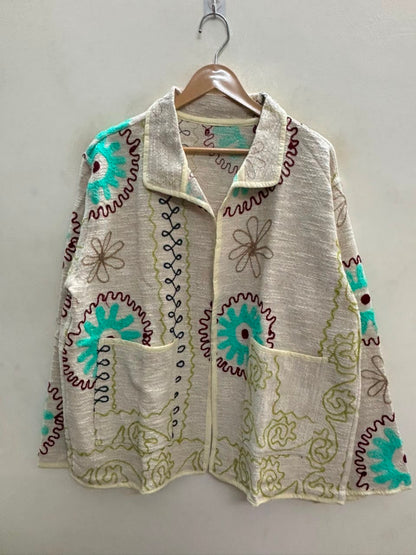 The Marigold Suzani — Hand-Embroidered Cotton Jacket — Ivory with Turquoise & Wine
