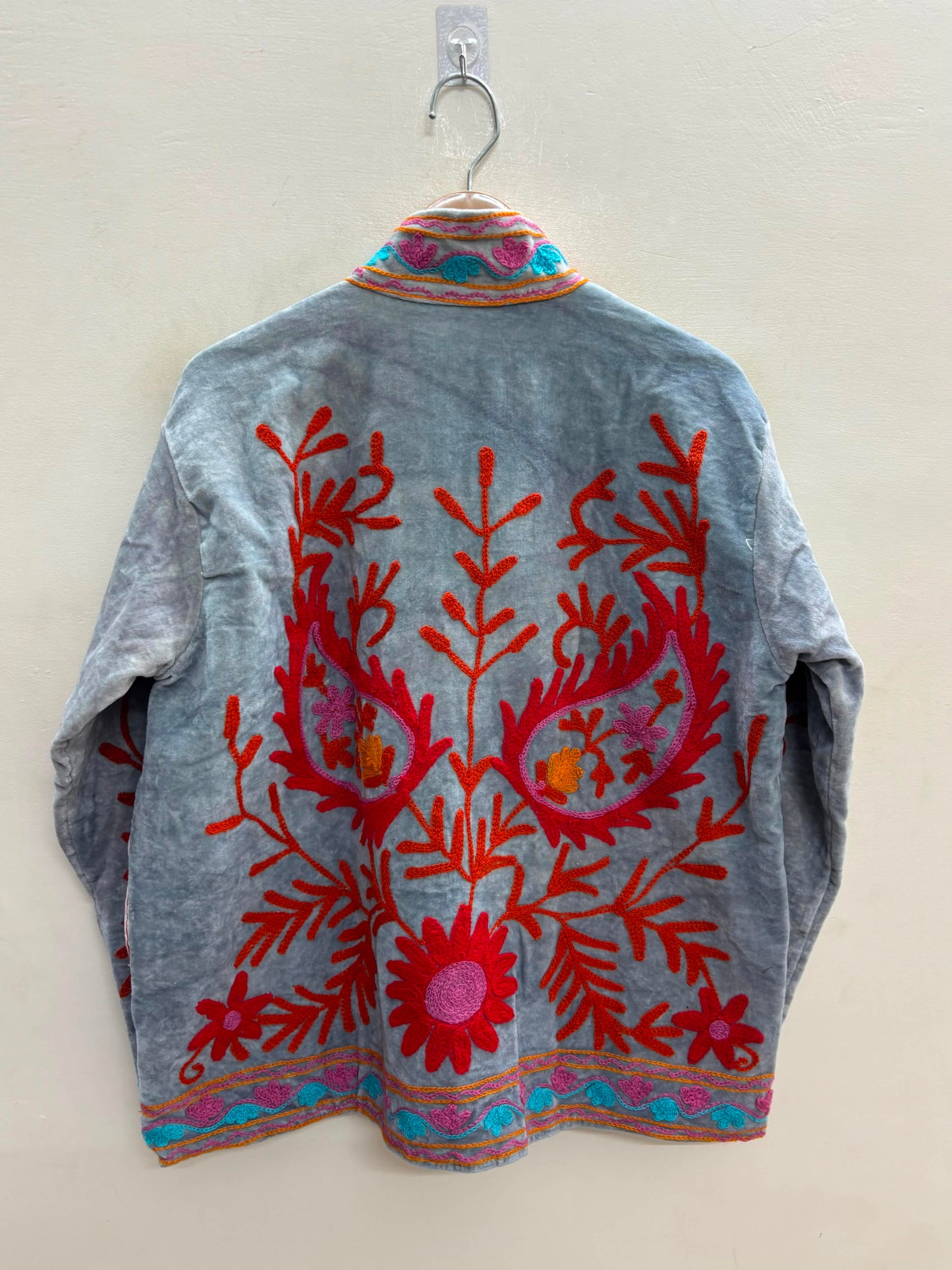 The Samarkand Bloom — Suzani Embroidered Velvet Jacket — Slate Grey with Crimson & Turquoise