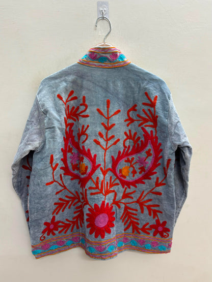 The Samarkand Bloom — Suzani Embroidered Velvet Jacket — Slate Grey with Crimson & Turquoise