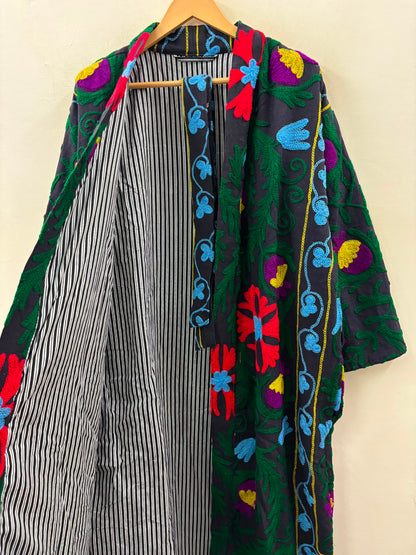 The Samarkand Bloom — Suzani Embroidered Cotton Kimono — Charcoal Grey with Crimson Florals
