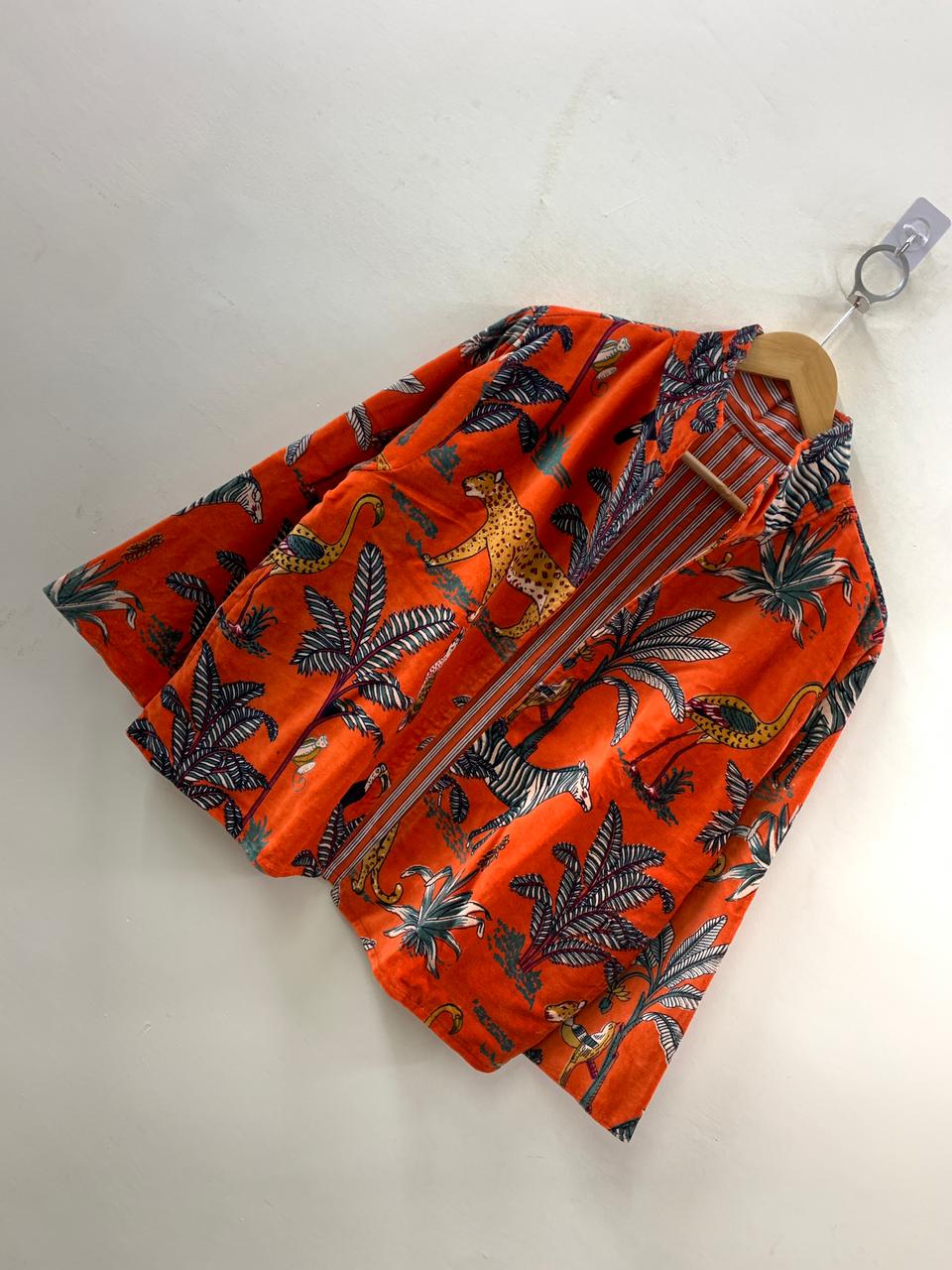 The Savanna Dusk — Block Printed Velvet Jacket — Burnt Tangerine - Default Title - Zoshak Jacket