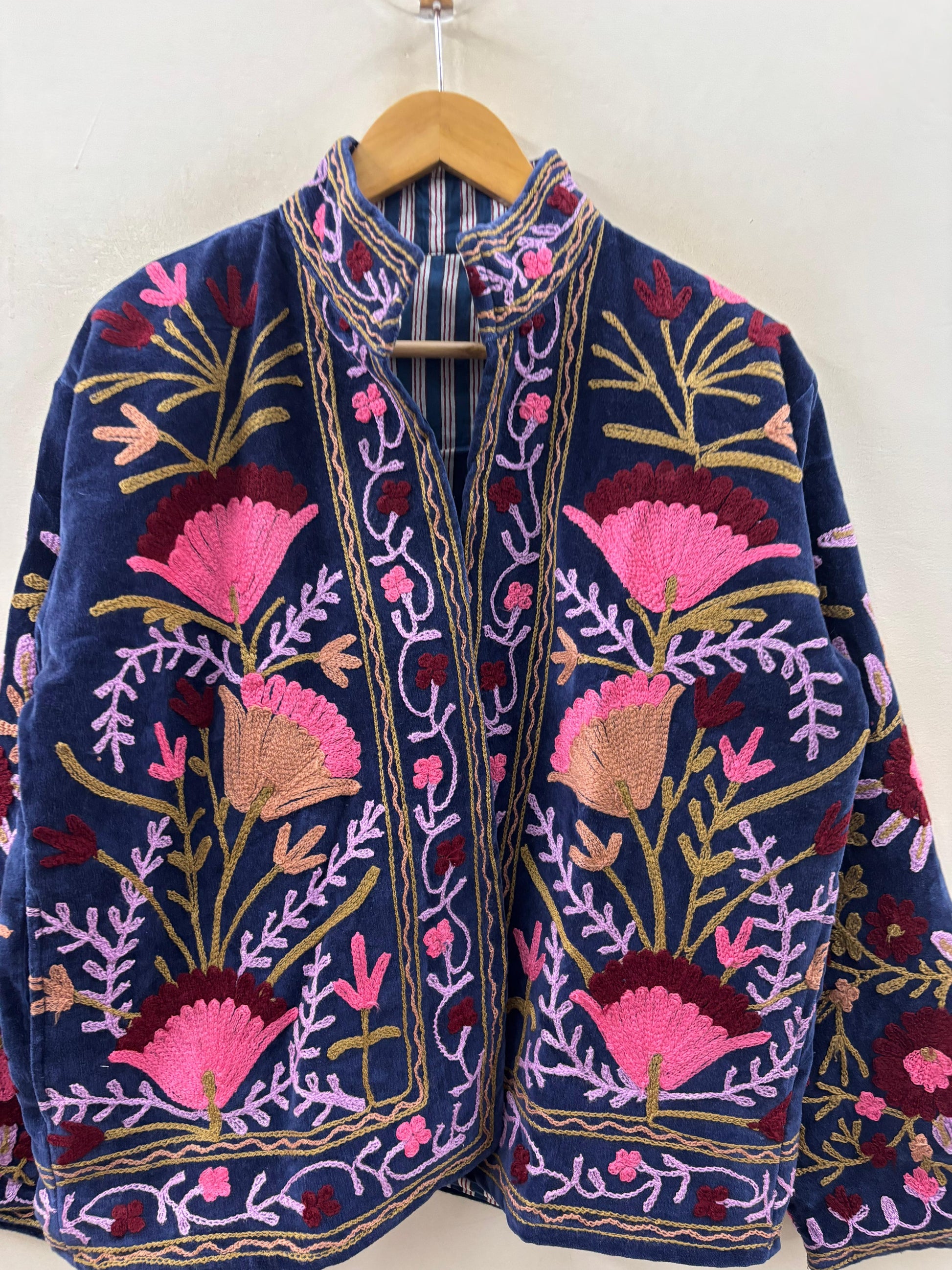 Suzani hand-embroidered midnight navy velvet jacket with tilla goldwork floral motifs, handcrafted by Jaipur artisans | Zoshak