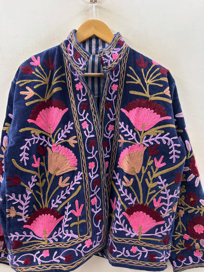 Suzani hand-embroidered midnight navy velvet jacket with tilla goldwork floral motifs, handcrafted by Jaipur artisans | Zoshak