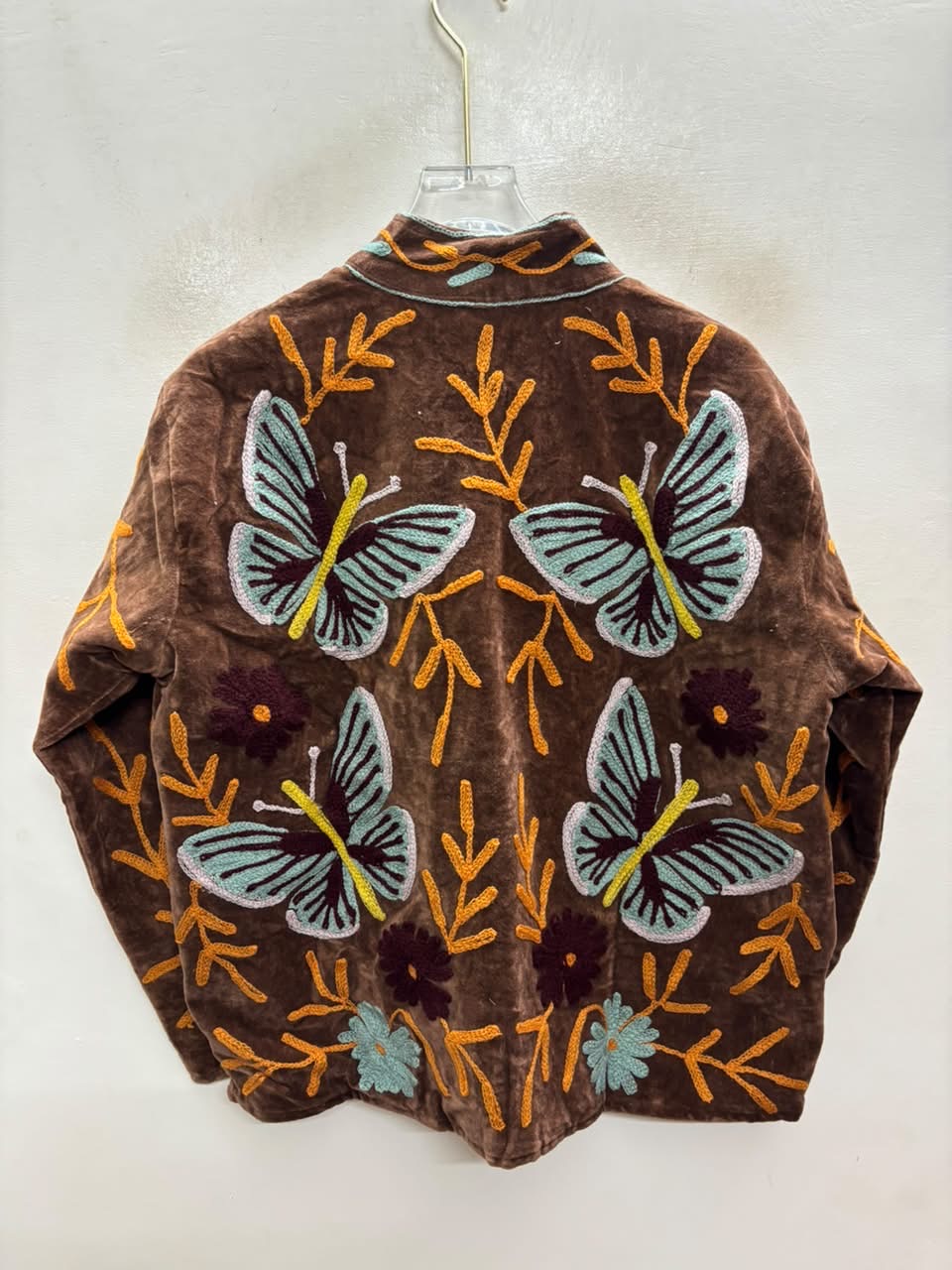 The Titli Meadow — Suzani Hand-Embroidered Velvet Jacket — Espresso Brown with Sage Butterflies & Marigold Vines