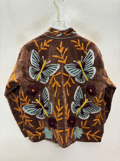 The Titli Meadow — Suzani Hand-Embroidered Velvet Jacket — Espresso Brown with Sage Butterflies & Marigold Vines