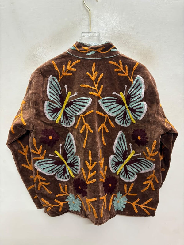 The Titli Meadow — Suzani Hand-Embroidered Velvet Jacket — Espresso Brown with Sage Butterflies & Marigold Vines