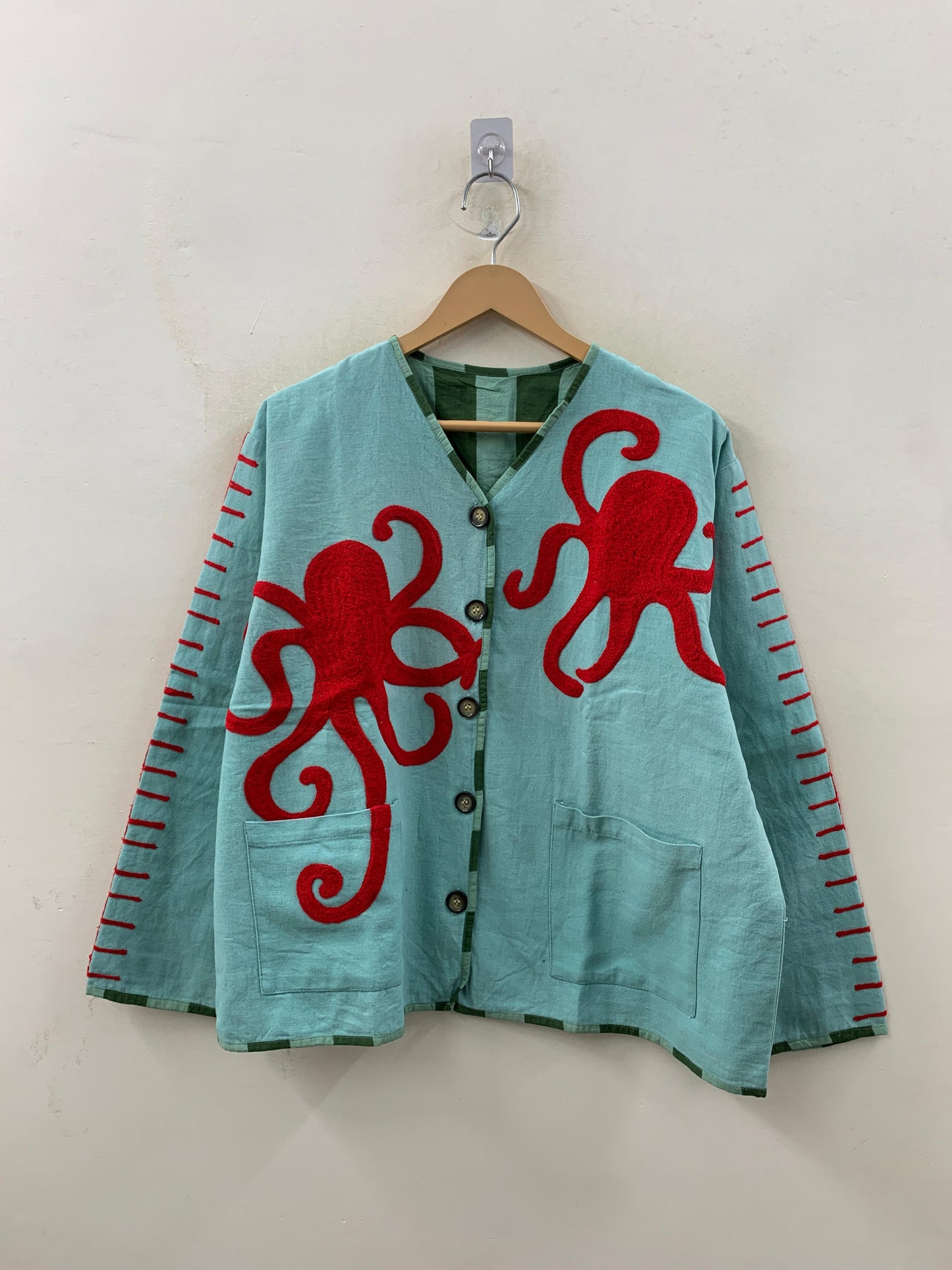 The Ink & Tide — Tufted Appliqué Cotton Jacket — Seafoam & Crimson - Default Title - Zoshak Jacket