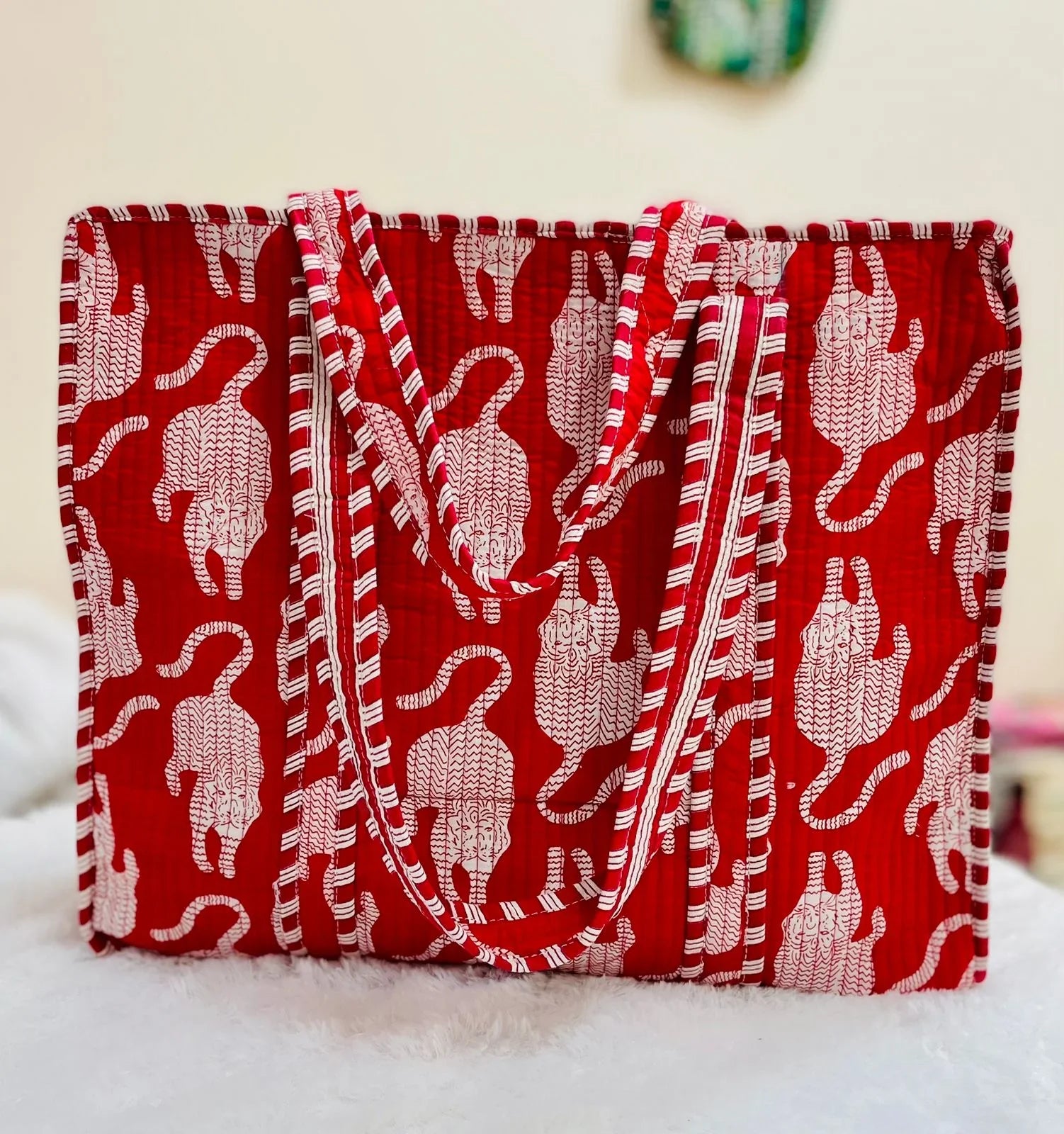 The Jaipur Tote - Red Tiger Silhouette Tote - Zoshak Hand-Block Print · Cotton Quilted