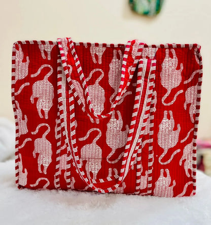 The Jaipur Tote - Red Tiger Silhouette Tote - Zoshak Hand-Block Print · Cotton Quilted