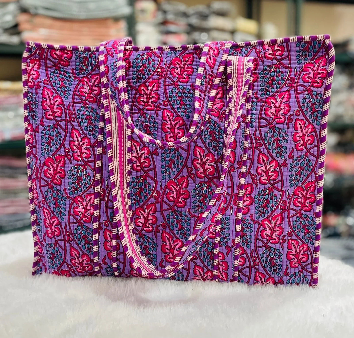 The Jaipur Tote - Purple Floral Vine Tote - Zoshak Hand-Block Print · Cotton Quilted