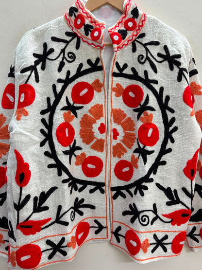 The Anar Bloom — Suzani Hand-Embroidered Cotton Jacket — Ivory with Vermilion & Ochre