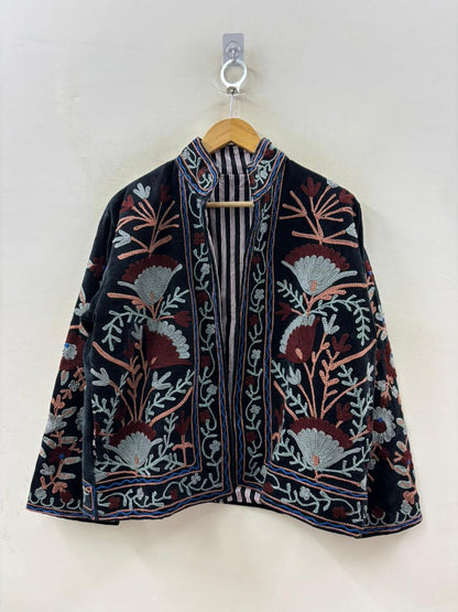 The Midnight Garden — Suzani Hand-Embroidered Velvet Jacket — Noir with Dusty Rose, Slate & Burgundy - Default Title - Zoshak Jacket