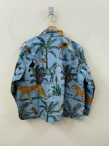 The Jungle Darbar — Block Printed Velvet Jacket — Sky Blue & Ochre - Default Title - Zoshak Jacket