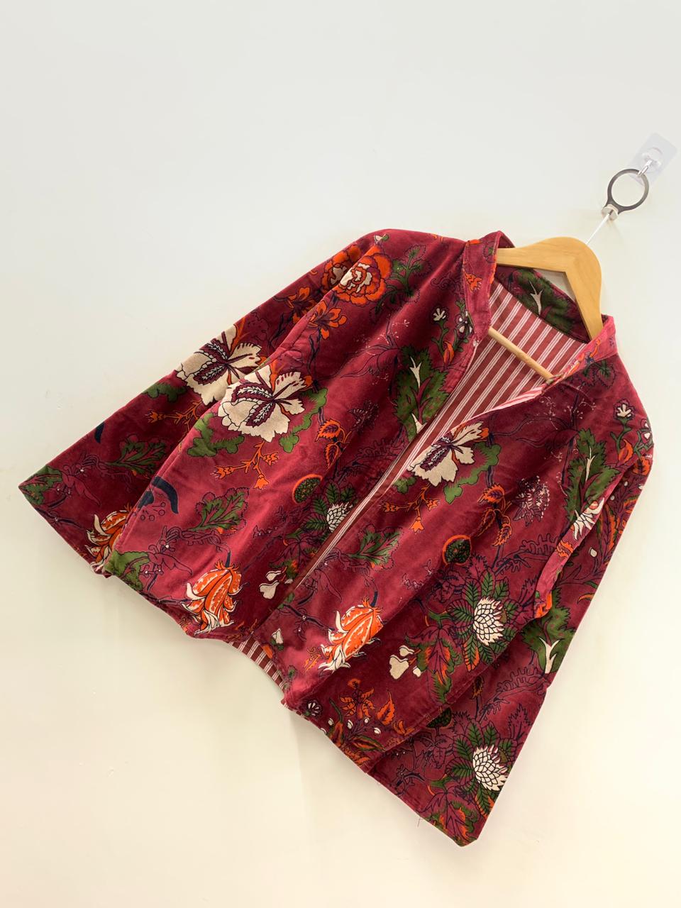 The Gulbagh — Block Printed Velvet Jacket — Deep Crimson & Botanical Garden - Default Title - Zoshak Jacket