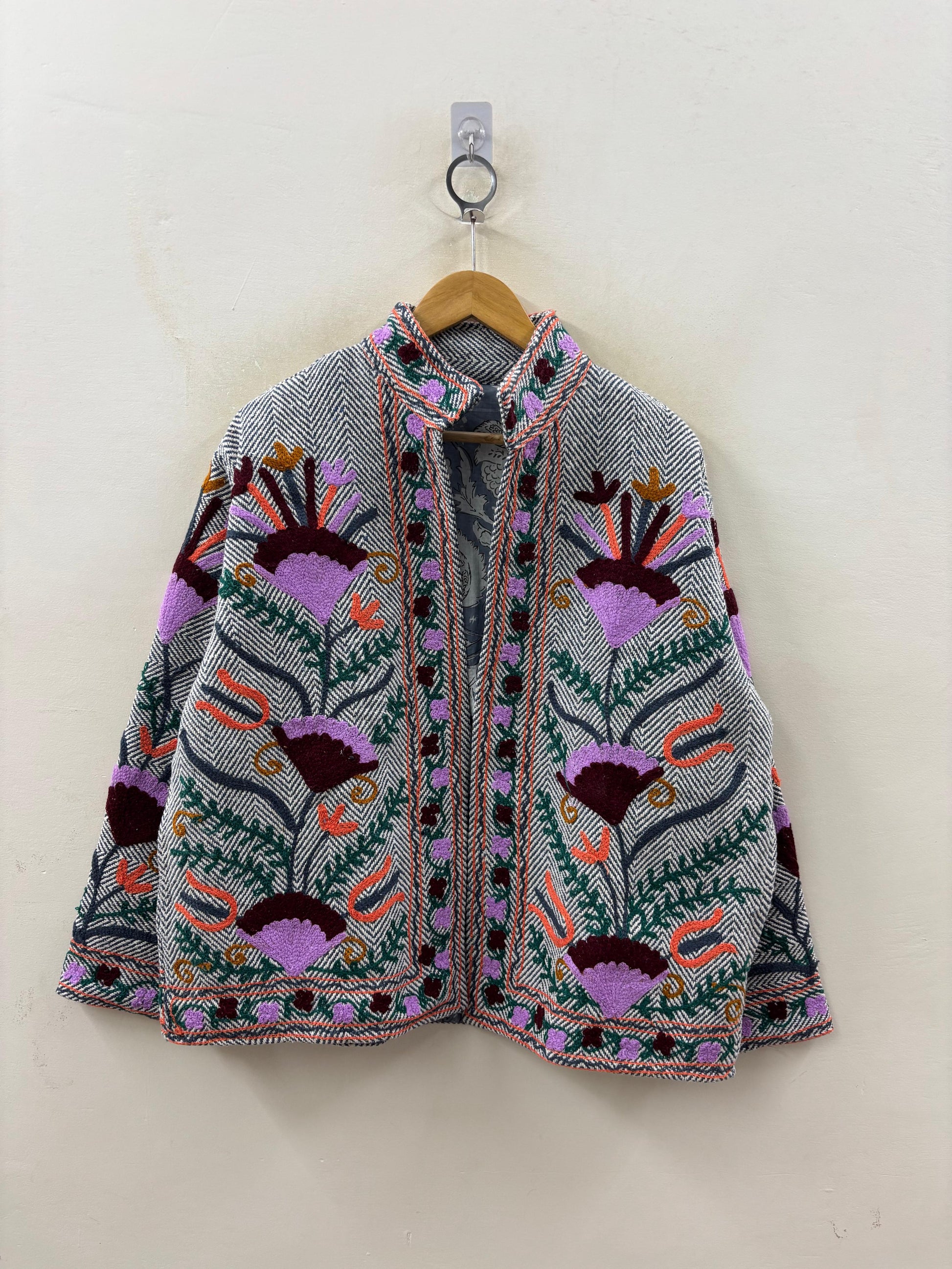 The Garden of Ferghana — Suzani-Inspired Hand-Embroidered Cotton Jacket — Ivory Herringbone - Default Title - Zoshak Jacket