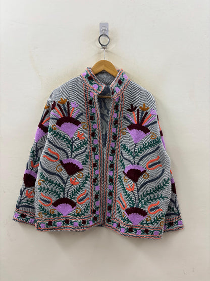 The Garden of Ferghana — Suzani-Inspired Hand-Embroidered Cotton Jacket — Ivory Herringbone - Default Title - Zoshak Jacket