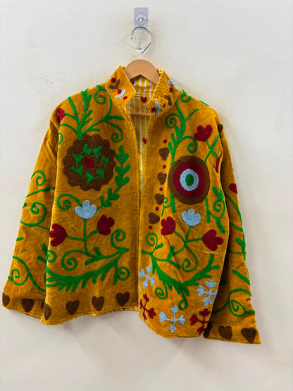 The Marigold Suzani — Hand-Embroidered Velvet Jacket — Turmeric Gold with Vine & Medallion Motifs