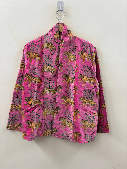 The Leopard Garden — Block Printed Velvet Jacket — Fuchsia Pink - Default Title - Zoshak Jacket