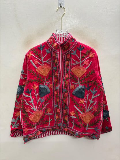The Rani Reflection — Suzani Hand-Embroidered Velvet Jacket — Rani Pink with Rust, Slate & Olive Florals