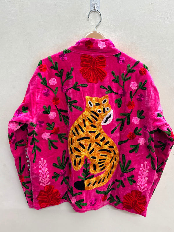 The Bengal Bloom — Suzani Embroidered Velvet Jacket — Fuchsia Pink with Amber Tiger