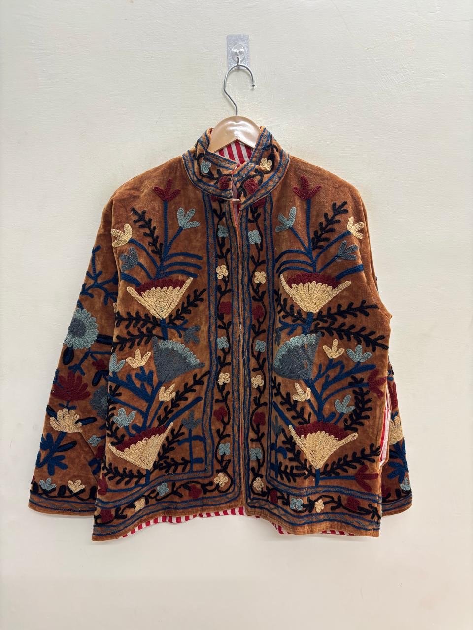 The Marwar Bloom — Suzani Embroidered Velvet Jacket — Rust Amber with Indigo & Ivory Florals