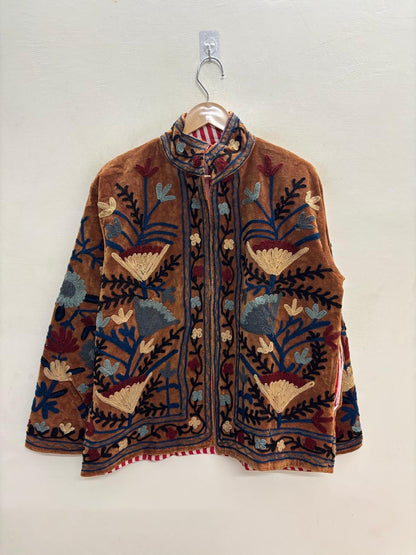 The Marwar Bloom — Suzani Embroidered Velvet Jacket — Rust Amber with Indigo & Ivory Florals