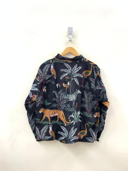 The Jungle Nocturne — Block-Printed Velvet Jacket — Midnight Black with Wild Safari Motifs - Default Title - Zoshak Jacket