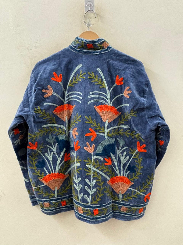 The Marigold Steppe — Suzani Embroidered Velvet Jacket — Indigo Blue