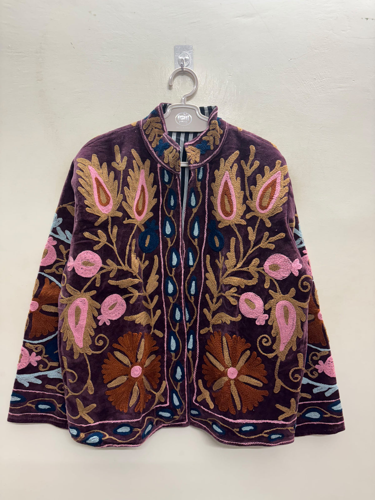 The Shiraz Anar — Suzani Hand-Embroidered Velvet Jacket — Aubergine Plum with Rust, Pink & Teal Florals