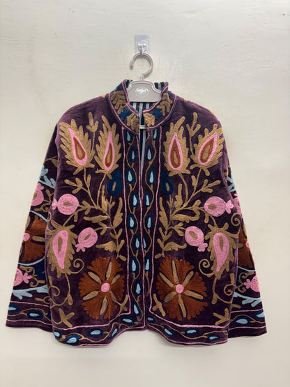 The Shiraz Anar — Suzani Hand-Embroidered Velvet Jacket — Aubergine Plum with Rust, Pink & Teal Florals