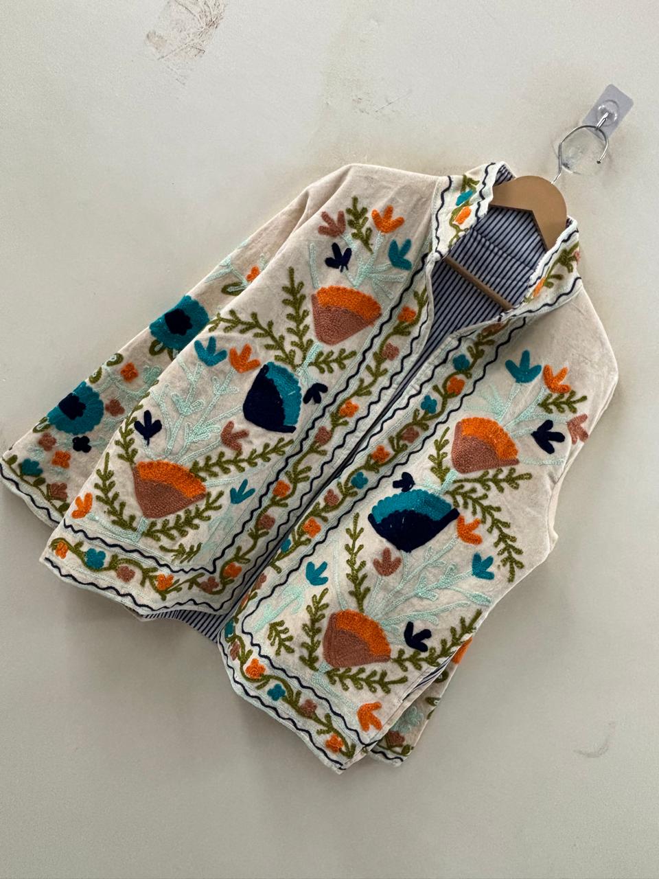 The Samarkand Bloom — Suzani Embroidered Velvet Jacket — Ivory with Terracotta & Teal