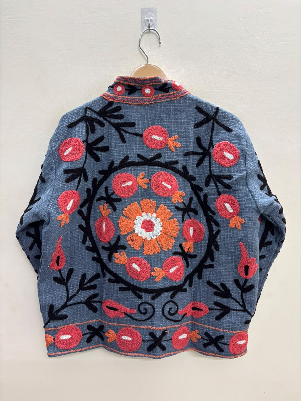 The Samarkand Bloom — Suzani Hand-Embroidered Cotton Jacket — Slate Blue with Coral & Marigold Florals