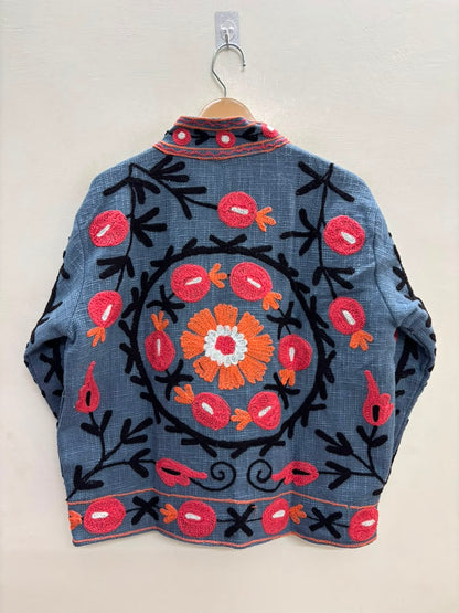 The Samarkand Bloom — Suzani Hand-Embroidered Cotton Jacket — Slate Blue with Coral & Marigold Florals