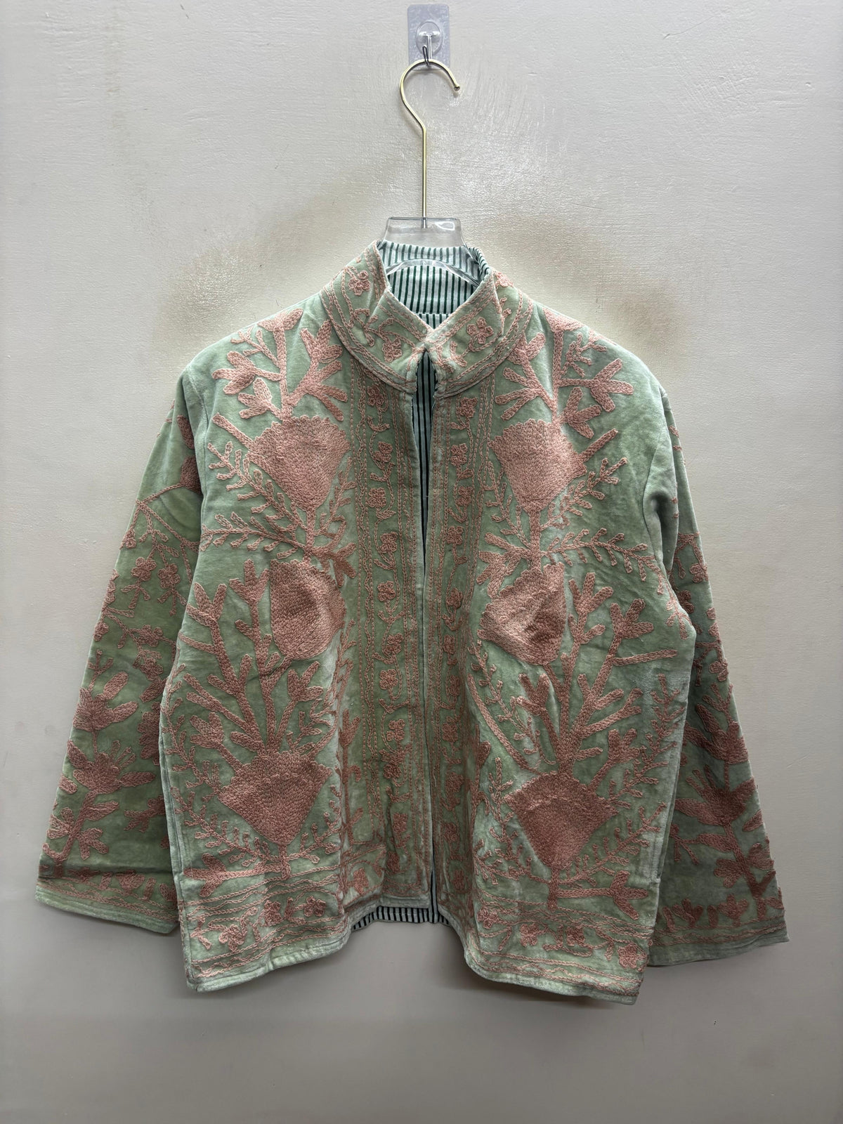 The Nasreen Orchard — Suzani Hand-Embroidered Velvet Jacket — Sage Green with Dusty Rose Florals