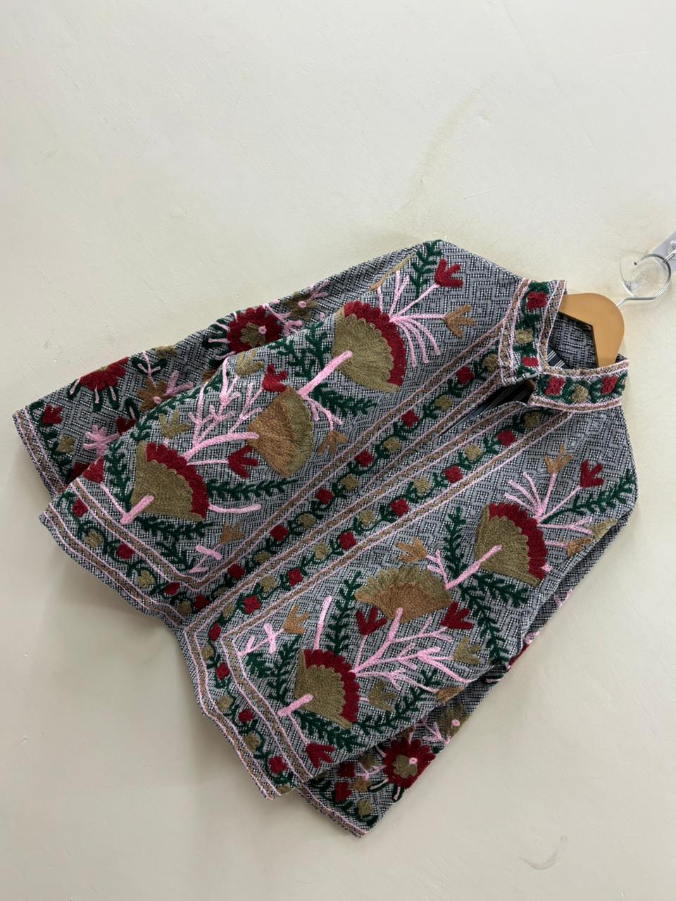 The Garden of Karez — Hand-Embroidered Cotton Jacket — Salt & Pepper Weave with Carnation Bloom - Default Title - Zoshak Jacket
