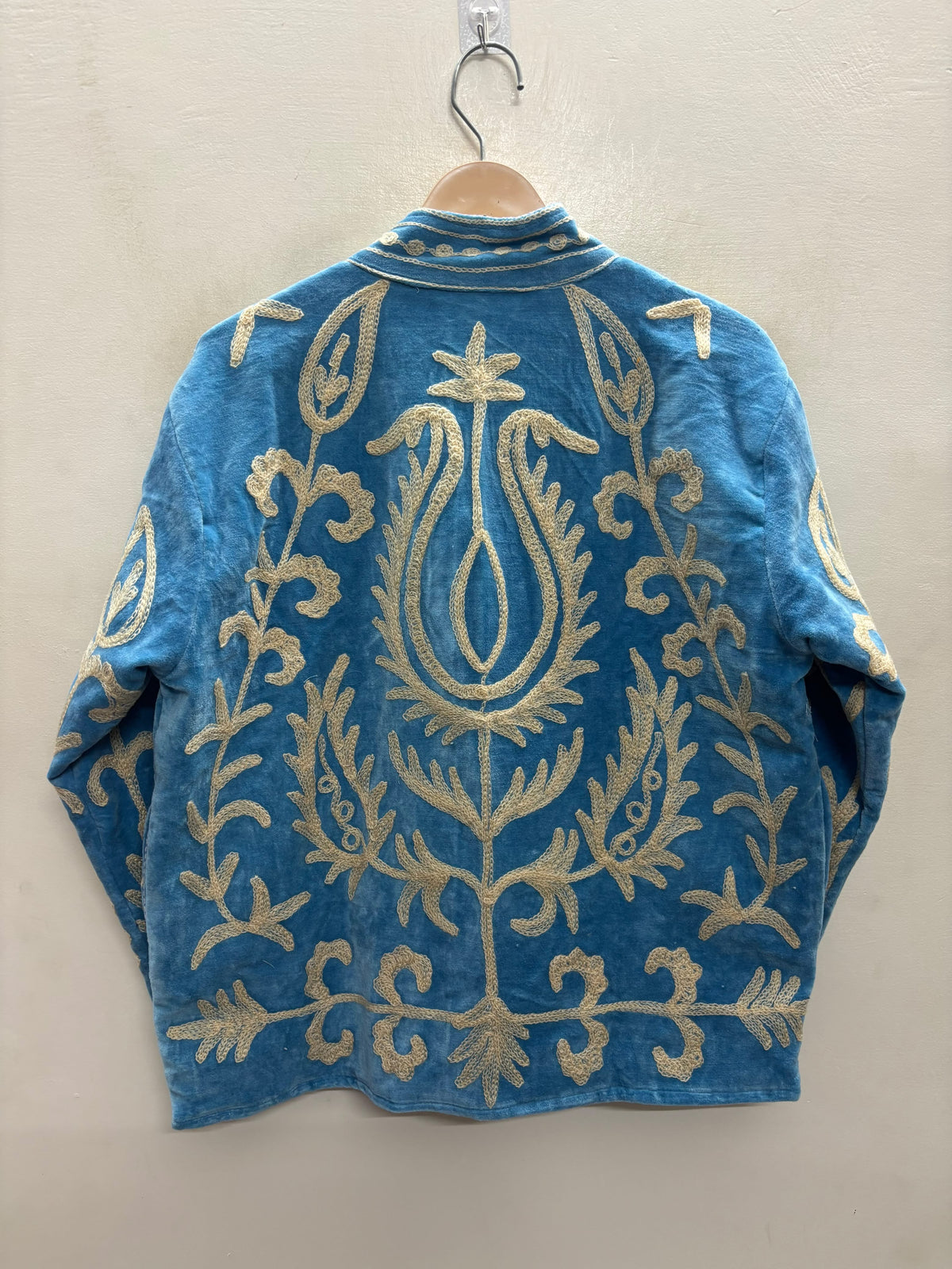 The Samarkand Peacock — Suzani Embroidered Velvet Jacket — Cerulean Blue