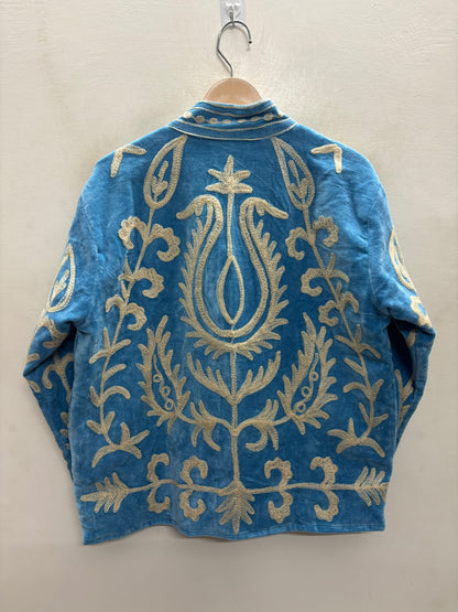 The Samarkand Peacock — Suzani Embroidered Velvet Jacket — Cerulean Blue