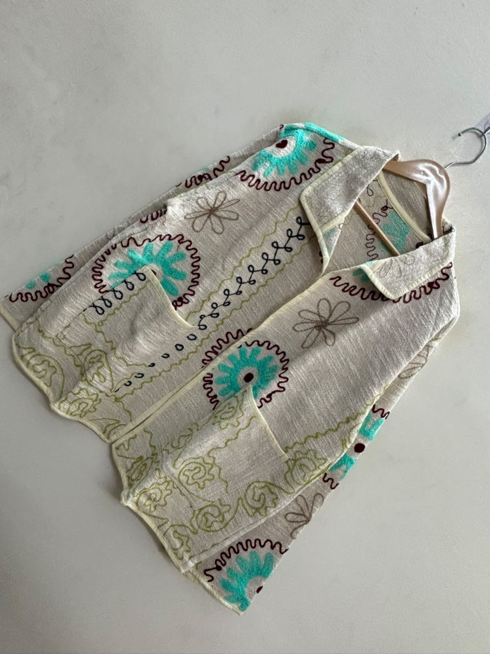 The Marigold Suzani — Hand-Embroidered Cotton Jacket — Ivory with Turquoise & Wine