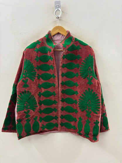 The Crimson Garden — Suzani Chain-Stitch Velvet Jacket — Madder Red & Forest Green