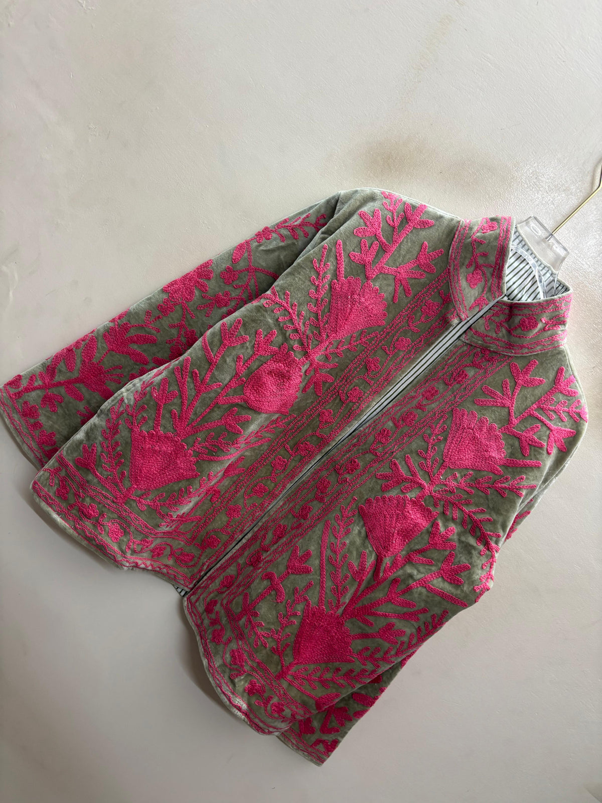 The Sagewood Bloom — Suzani Hand-Embroidered Velvet Jacket — Sage Green with Rani Pink Florals